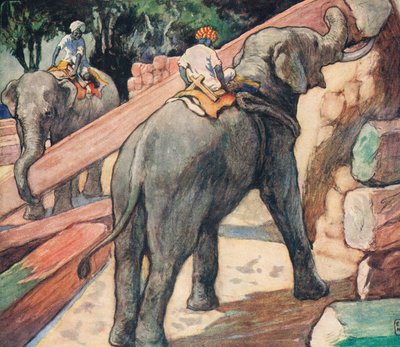 Elephants handling logs, illustration from 