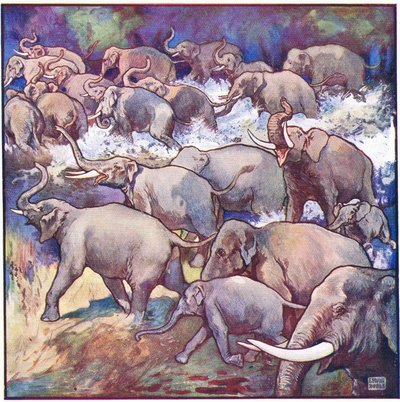 On came the herd in gallant style, throwing the spray from the muddy water by John Edwin Noble
