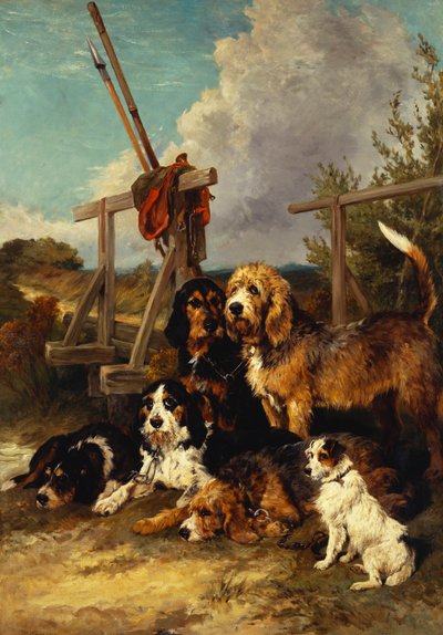 Otter Hounds by a Bridge - Tired Out, 1881 by John Emms