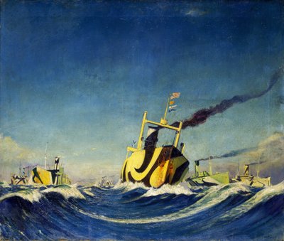 A convoy of ships whose hull is covered with patterns used for camouflage during the First World War by John Everett