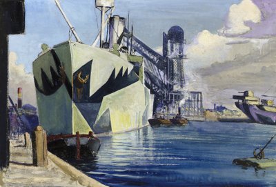 Dock Canada in Liverpool, with an Anchored Warship, Painted with Colourful Camouflage by John Everett
