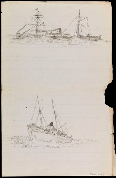 Sketches of a battleship and two other Royal Navy vessels by John Everett