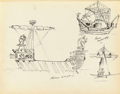Sketch of a Roman Warship, Part of a Roman Merchant Ship and a Vessel with Sail Set, Early 20th Century by John Everett