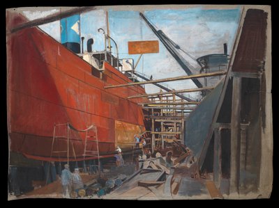 Steamship in drydock showing workmen painting her hull by John Everett