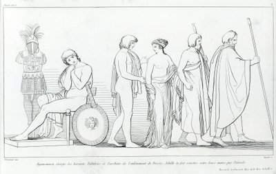 Agamemnon charged the heralds Taltibius and Euribat with the abduction of Briseis; Achilles had it handed over to their hands by Patroclus. Drawing by John Flaxman (1755 - 1826). Homer
