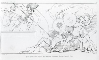 Ajax repels the Trojans who seek to burn the Greek ships. Drawing by John Flaxman (1755 - 1826). Homer