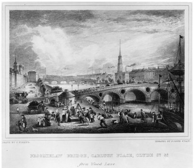 Broomielaw Bridge, Carlton Place, Clyde St., Glasgow, engraved by Joseph Swan by John Fleming