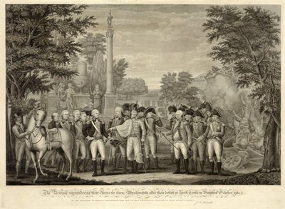 The British surrendering their Arms to Gen. Washington after their defeat at York Town in Virginia October 1781, pub. 1819 (engraving) by John Francis (after) Renault