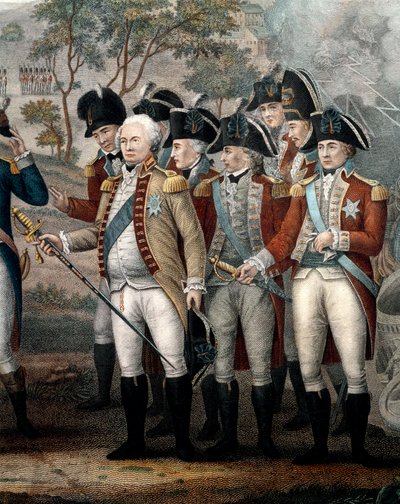 British Officers Surrendering to General G. Washington after Their Defeat at Yorktown, October 1781, engraving by John Francis Renault
