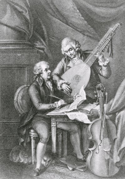 Portrait of Franz Joseph Haydn and Wolfgang Amadeus Mozart composing music for the lute, engraved by Michele Benedetti by John Francis Rigaud