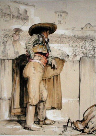A bullfighter watches from behind the barricade, from 