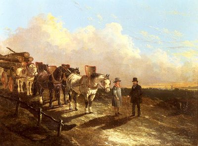 A Timber Cart Halted On A Road At Dusk by John Frederick Herring Jnr