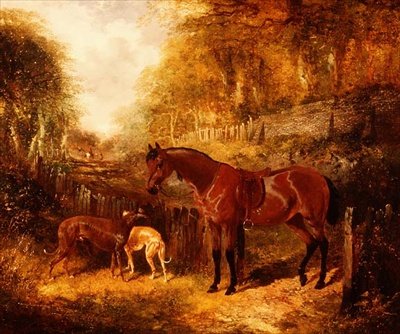 A Saddled Bay Pony and Greyhounds in a Wooded River Landscape by John Frederick Herring Jnr
