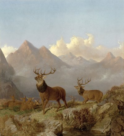 Stags and Hinds in a Highland Landscape (Detail) by John Frederick Herring Junior