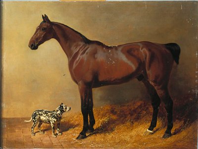 A Bay Hunter and a Spotted Dog in a Stable Interior by John Frederick Herring Senior