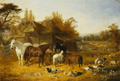 A Farmyard with Horses and Ponies, Berkshire, Saddlebacks, Alderney Shorthorn Cattle, Bantams, Mallard and Guinea Fowl, with a Country Mansion by a River in the Distance by John Frederick Herring Senior