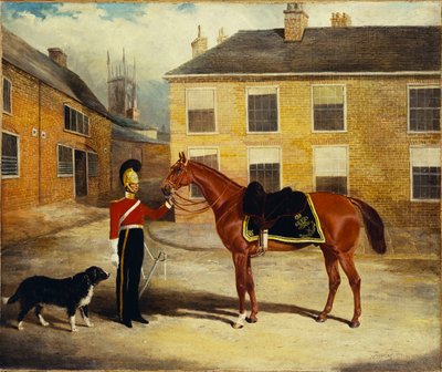 An Officer of the Dragoon Guards, Caribineers with His Mount in the Barrack