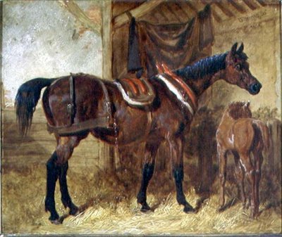 An Old Mare and Foal in a Stable by John Frederick Herring Senior