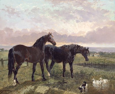 Two Horses Grazing at Sunset by John Frederick Herring Senior