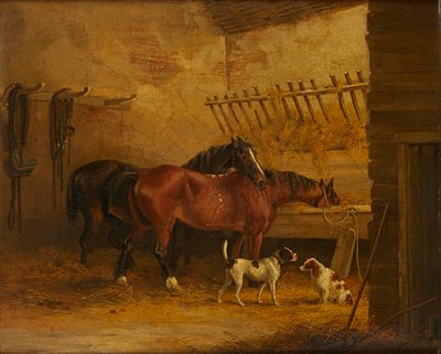Horses and Dogs in a Stable Interior by John Frederick Jr. (attr.to) Herring
