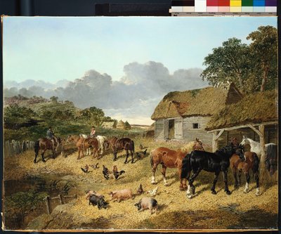 Horses drinking from a water trough, with pigs and chickens in a farmyard by John Frederick Herring Junior