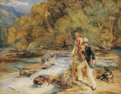 Sir Edwin Landseer, R.A. with a Ghillie Fishing for Salmon by John Frederick Lewis
