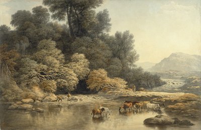 Hilly landscape with River and Cattle, c.1810 by John Glover