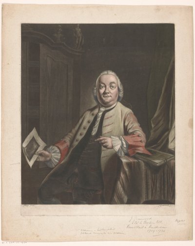 Portrait of Simon Fokke Holding the Print of the Plundering of the House of Gerrit Hagedooren, 1751 by John Greenwood