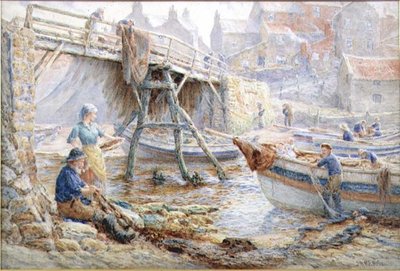 Mending the Nets, Staithes by John H. Parkyn