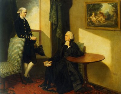 Double Portrait of the Reverend John Cocks and James Cocks, Both Small Full-Length, the Former in Clerical Dress Seated on a Blue and White Upholstered Chair, the Latter in a Blue Coat and Waistcoat Leaning Against a Similar Chair, in an Interior by John Hamilton Mortimer
