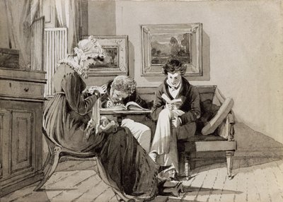 Social Interior at Brathay Hall, depicting Jessy Harden, Rev. Owen Lloyd and H. Almack by John Harden