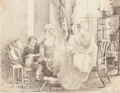 Women at the spinning wheel and a boy with a toy boat, 1807 by John Harden