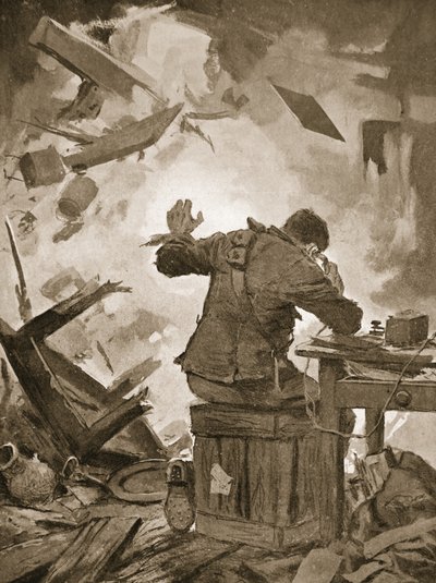 Bombardier French finishing his message after a shell had come through the room in which he was telephoning by John Harris Valda