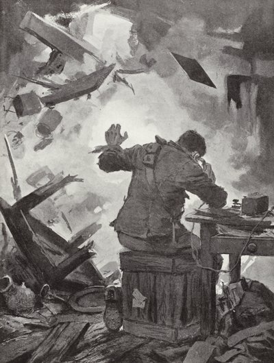 Bombardier W H French finishing his message after a shell had come through the room in which he was telephoning, Helpegarde, World War I by John Harris Valda