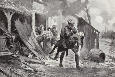 Gunner J Rafferty carrying a wounded woman to safety from a farmhouse which was being shelled, World War I by John Harris Valda