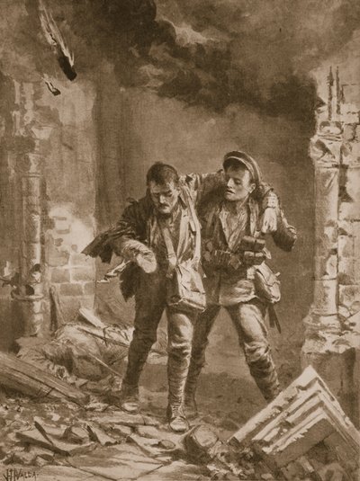 Private A.E. Walker Assisting a Wounded Comrade from a Burning Church Used as a Hospital by John Harris Valda