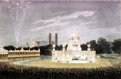 Firework display held in Green Park to celebrate the defeat of Napoleon, engraved by Matthew Dubourg by John Heaviside (after) Clark