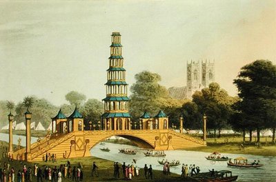The Chinese Bridge and Pagoda, Erected in the Park in commemoration of the Glorious Peace of 1814, engraved by Matthew Dubourg by John Heaviside (after) Clark