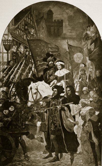 Henry VI is taken to the Battle of Barnet, illustration from 