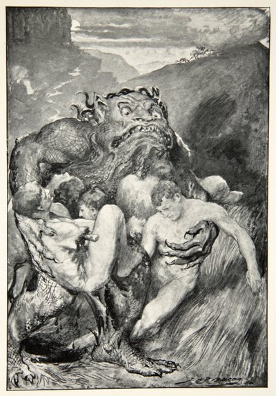 The Daemon of evil, with his fierce ravening, greedily grasped them, from 