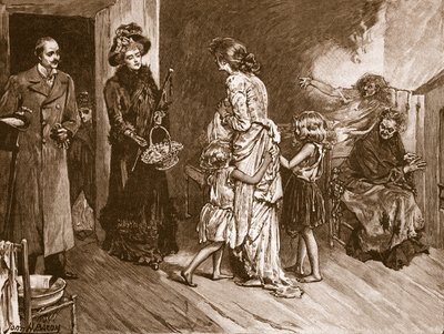 West meets East: well to do visitors to a slum dwelling, illustration from 