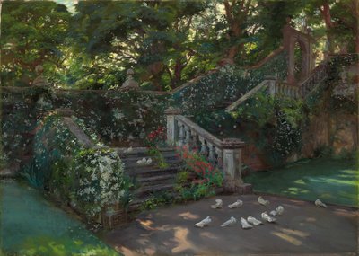 The Golden Hour: The west staircase to the upper terrace at Balcaskie, Fife by John Henry Lorimer