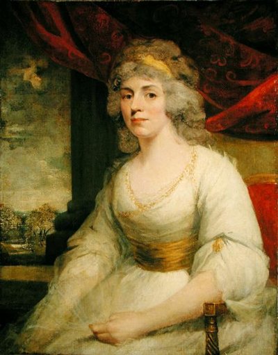 Portrait of Mrs. Billington seated, three quarter length in a white dress by John Hoppner