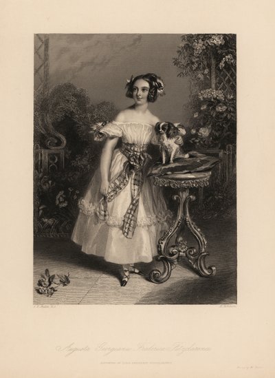 Augusta Georgina Frederica Fitzclarence, daughter of Lord Frederic Fitzclarence, illegitimate son of King William IV. She wears her hair in ringlets and ribbons, and wears an off-the-shoulder dress tied with a sash, holds a King Charles spaniel on a cushio by John James (after) Chalon