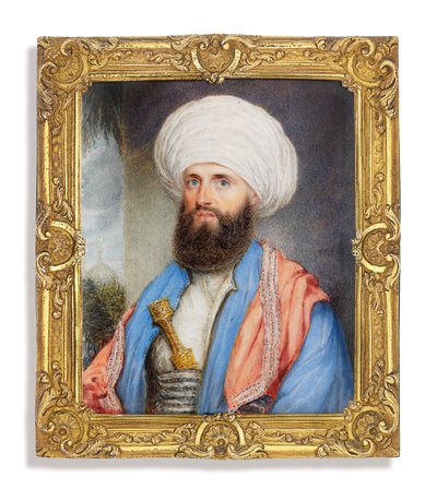 James Silk Buckingham in White Shirt with a Light Blue Coat, Pink Embroidered Shawl Around His Shoulders and a White Turban with a Dagger Secured in to His Cummerbund, Landscape Background with a Mosque by John Jukes