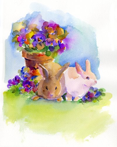 Bunnies with Pansies by John Keeling