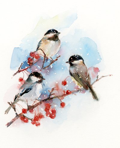 Chickadees with Berries by John Keeling