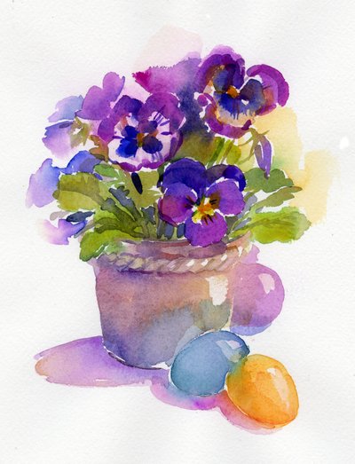 Pansies with Easter eggs by John Keeling