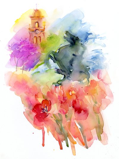 Plaza with Red Tulips by John Keeling