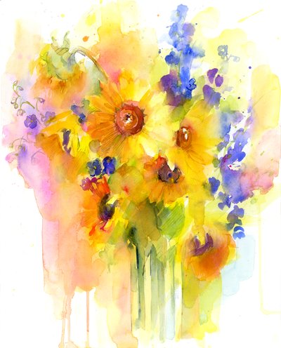 Sunflowers and delphinium, 2016 by John Keeling